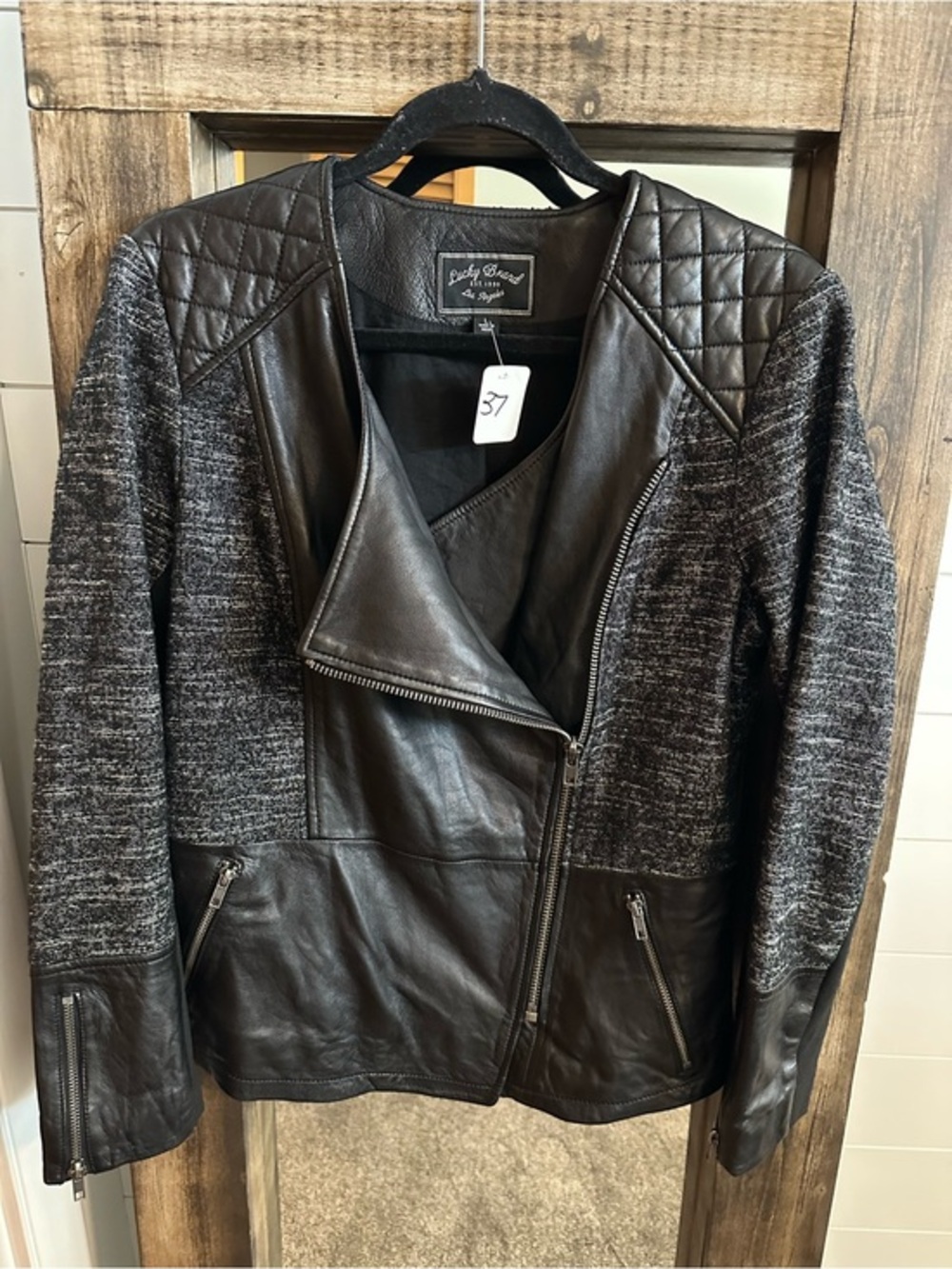 Lucky Brand Leather Moto Jacket Women’s Large Black Asym Zip Quilted Knit Mix